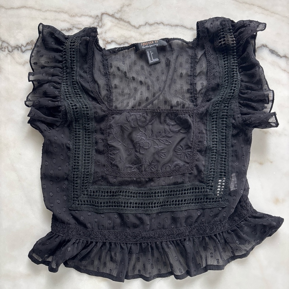 Forever 21 Black Lace Sheer Top Floral Embroidery Chiffon Ruffle Size Medium